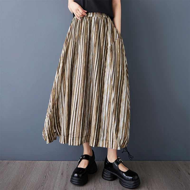 XITAO Stripe Elastic Waist A-line Skirt Casual Mid-calf Solid Color Personality Simple Vintage Summer Women Skirt GYX1646