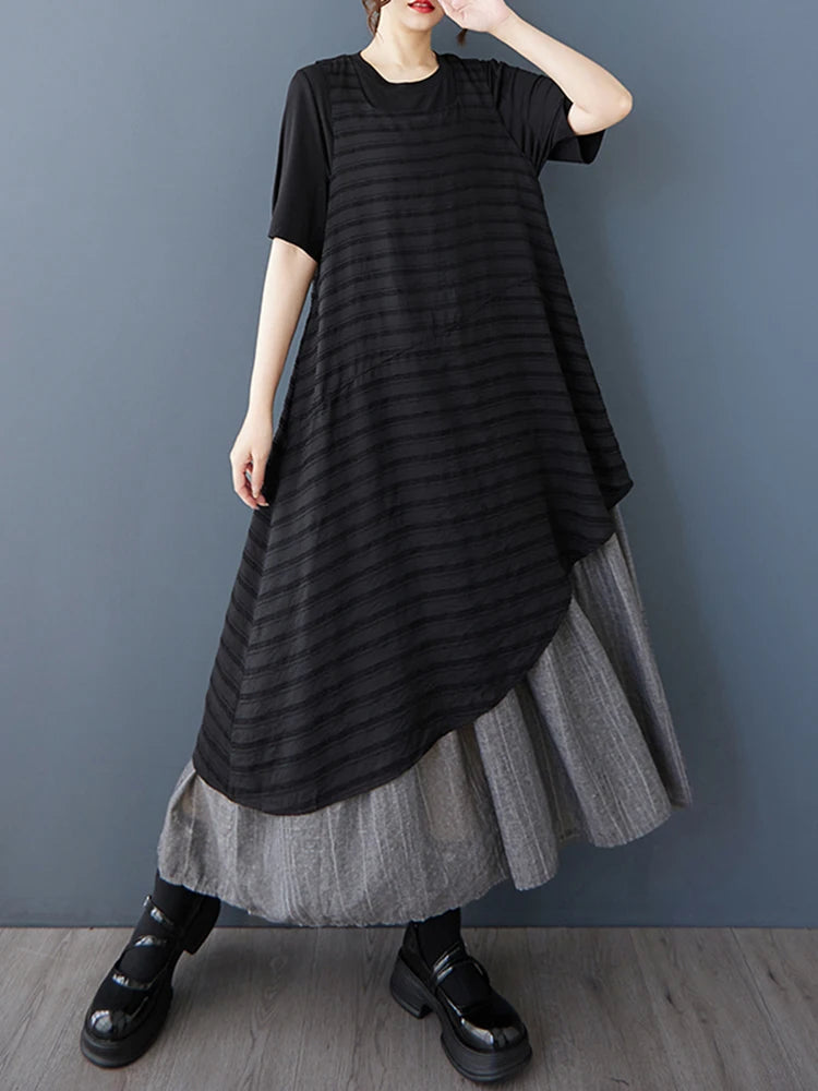 XITAO Asymmetrical Patchwork O-neck Female Dress Casual A-line Sleeveless Loose Fitting Slimming Summer Women Dress ZMY1196