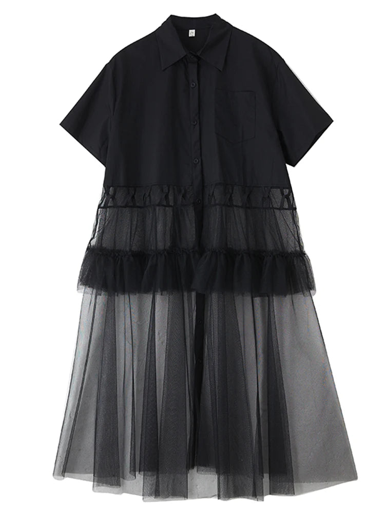 XITAO Patchwork Mesh Pleated Dress Casual Short Sleeve Turn-down Collar Single Breasted A-line Fashion Women Dress ZMY1195