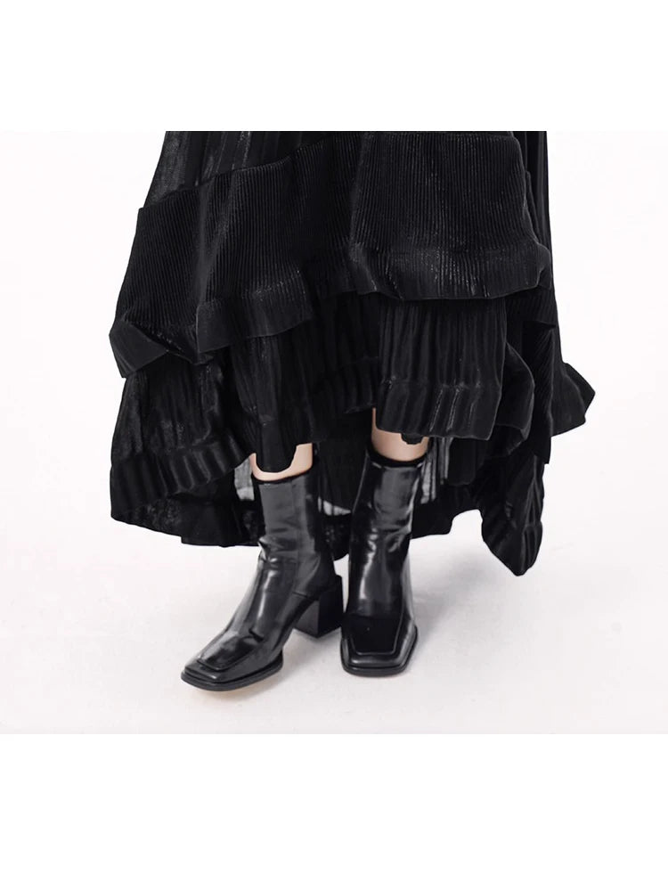 XITAO Asymmetrical Fold Patchwork Skirts Elastic Waist Solid Color A-line Loose Vintage Slimming Temperament Skirt GYX1517