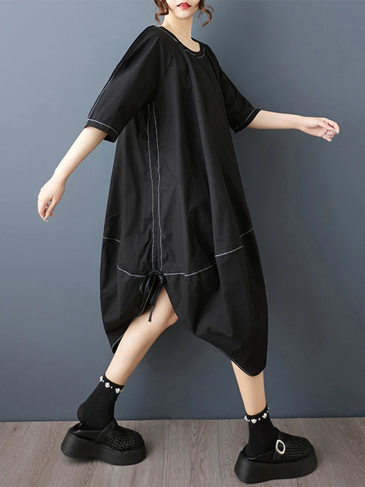 XITAO Irregular O-neck Solid Color Dress Half Sleeve Patchwork Casual New Arrival All-match Summer Woman Slimming Dress ZMY1357