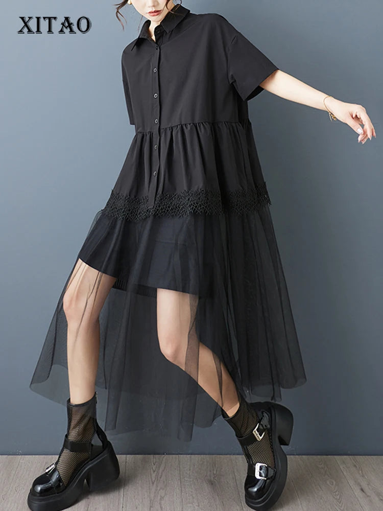 XITAO Gauze Patchwork Folds Female Dress Loose Turn-down Collar Solid Color Short Sleeve Temperament Woman Summer Dress ZMY1253