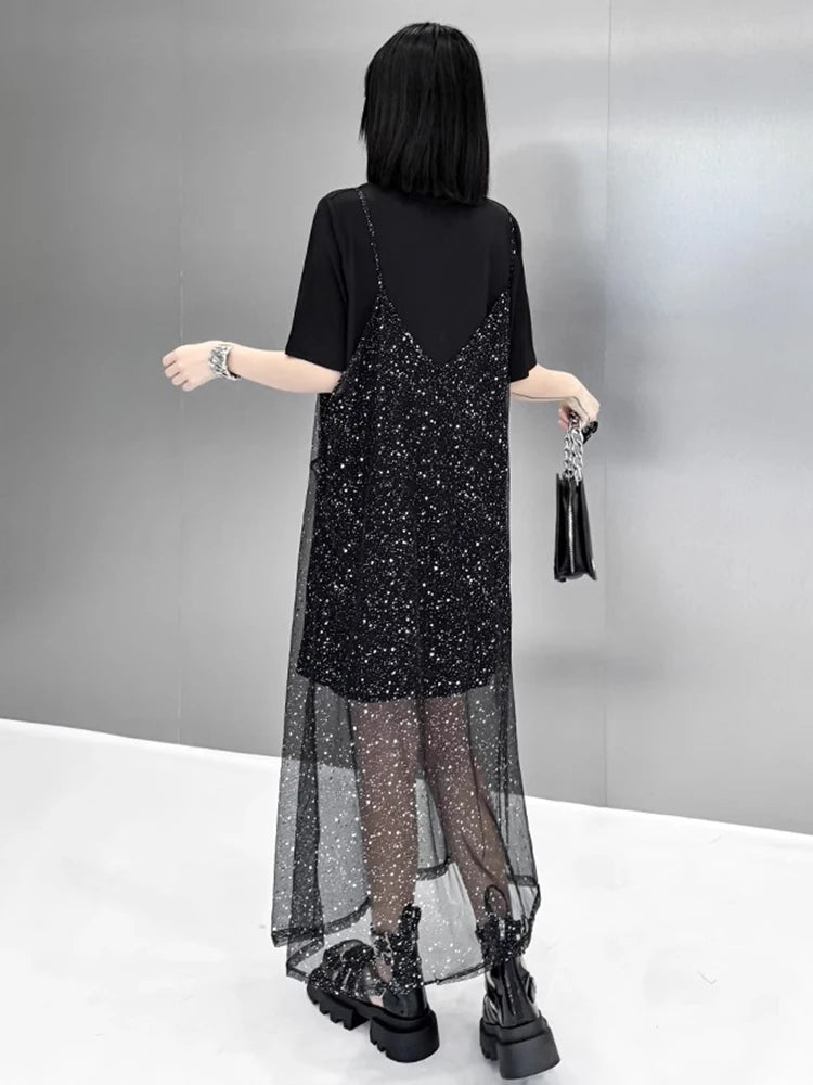 XITAO Sequin Mesh O-neck Dress Casual Loose Fitting A-line Hong Kong Elegant Fashion Personality Summer Women Dress ZMY1235