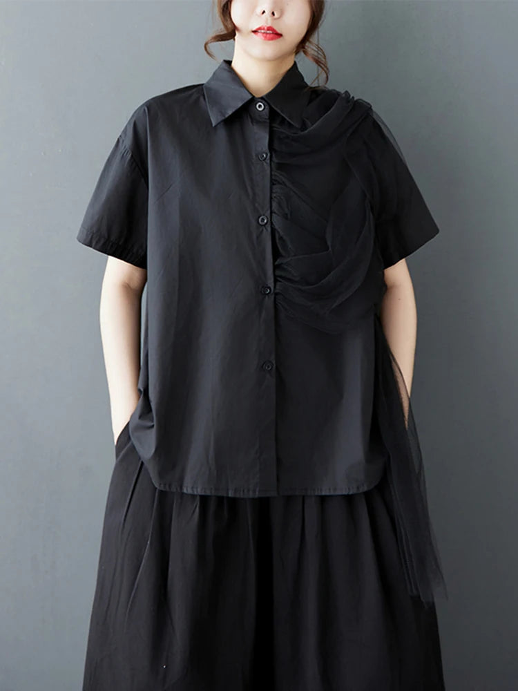XITAO Patchwork Mesh Turn-down Collar Shirt Casual Solid Color Loose Fitting Vintage Slimming Summer Women Blouse GYX1536
