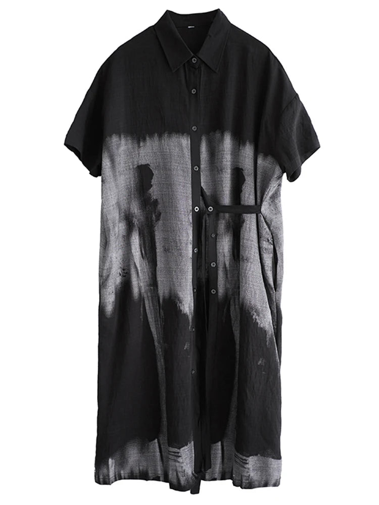 XITAO Print Patchwork Pocket Short Sleeve Dress Turn-down Collar Single Breasted Casual Mid-calf Loose Shirt Dress HQQ2465