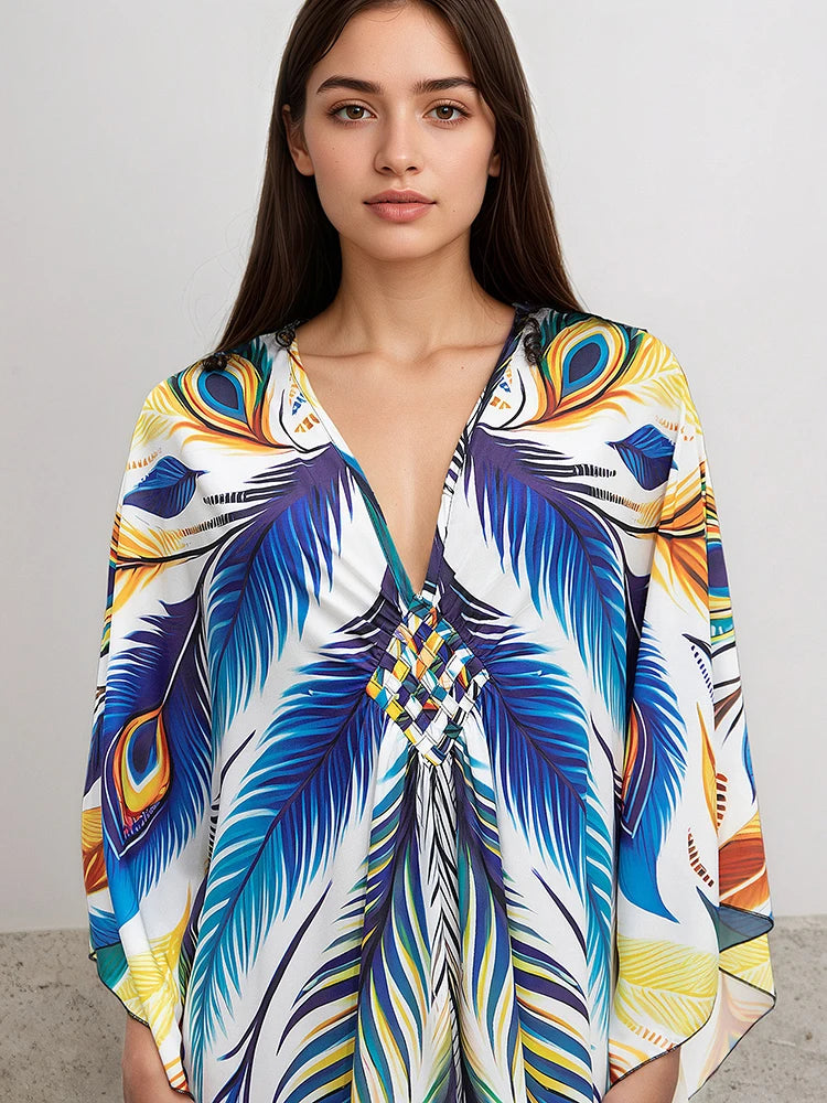 XITAO Bohemian Print V-neck Women Dress Casual Summer Pullover A-line Personality Cartoon Female Bat Sleeve Loose Dress GJ1210