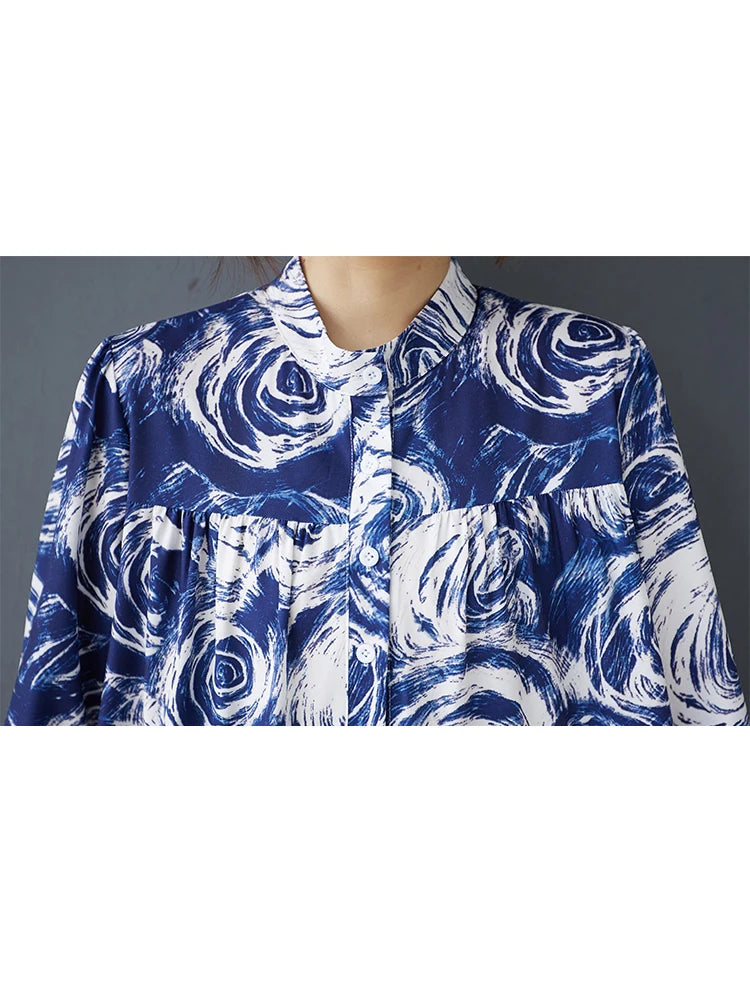 XITAO Contrast Color Print Patchwork Stand Collar Dress Long Sleeve Pullover Loose Mid-calf Casual Slimming Dress HQQ2469