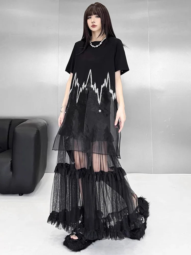 XITAO Patchwork Sequin Loose Dress Side Slit O-neck Short Sleeve Personality Perspective New Arrival Summer Woman Dress ZMY1324