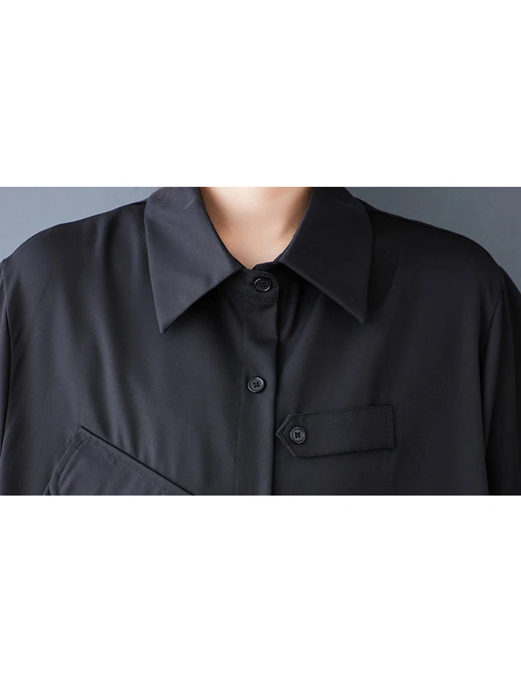 XITAO Asymmetric Pocket Female Dress Loose Solid Color Turn-down Collar Single Breasted Women Temperament Shirt Dress ZMY1145