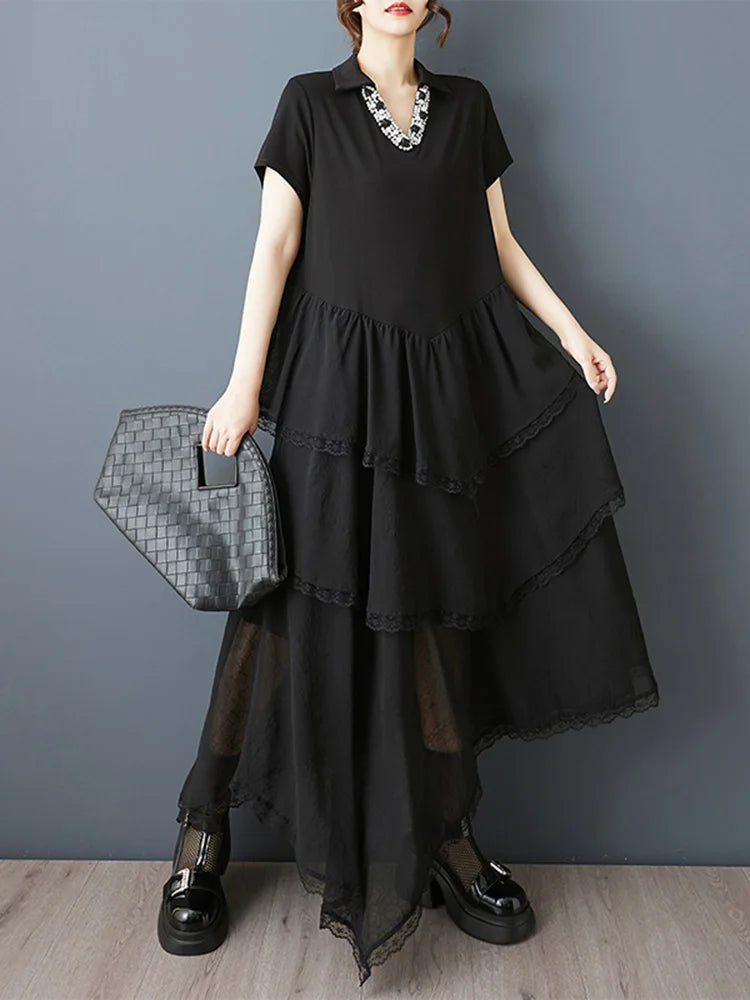 XITAO Asymmetrical Lace Patchwork Dress Embroidered Flares V-neck Short Sleeve Temperament Elegant Summer Woman Dress ZMY1317
