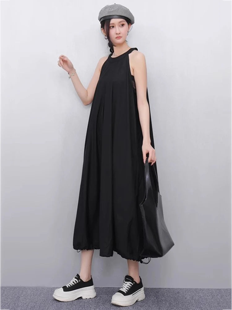 XITAO Pleated Drawstring O-neck Dress Casual A-line Sleeveless Loose Fitting Slimming Solid Color Fashion Summer Dress ZMY1184