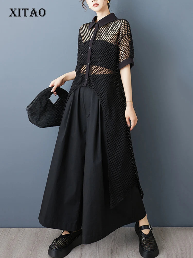 XITAO Irregular Hollow Out Dress Mesh Turn-down Collar Single Breasted Loose Casual Solid Color Summer Woman Dress ZMY1254