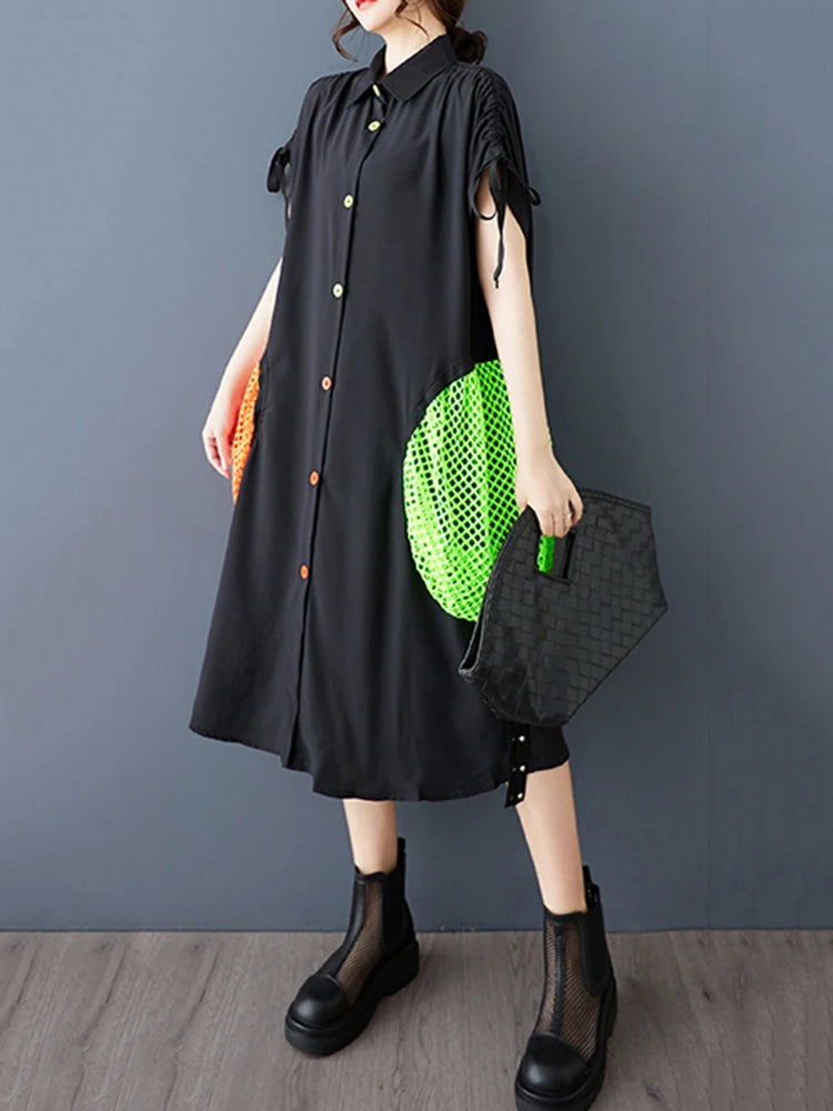 XITAO Irregular Hollow Out Female Shirt Dress Personality Contrast Color Patchwork Women Loose Vintage Slimming Dress ZMY1057