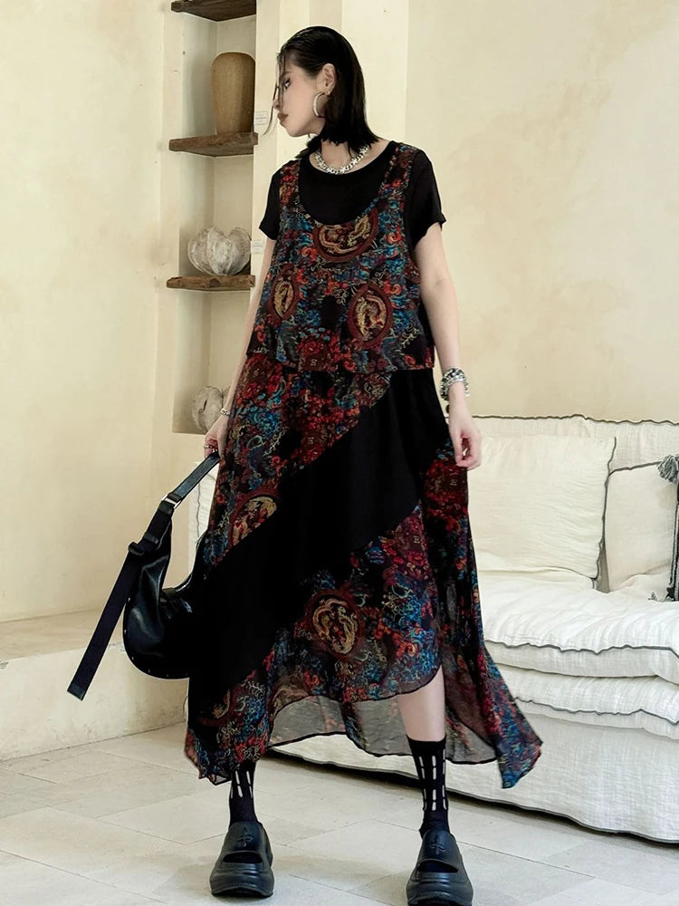 XITAO Contrast Color Print Flower Dress Casual Loose Fitting O-neck Vintage Long Style Short Sleeve Women Dress GYX1554