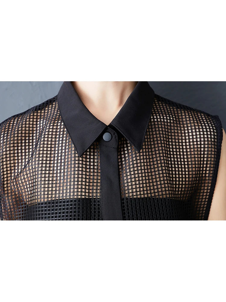 XITAO Irregular Hollow Out Sleeveless Shirt Turn-down Collar Solid Color All-match Vintage Loose Summer Woman Shirt ZMY1231