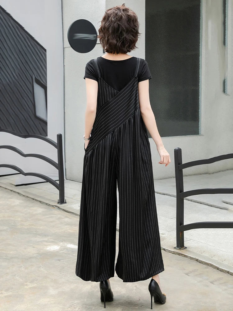 XITAO Loose Striped Jumpsuits All-match Temperament Slimming Women Irregular Patchwork Sleeveless V-neck Jumpsuits HQQ2499