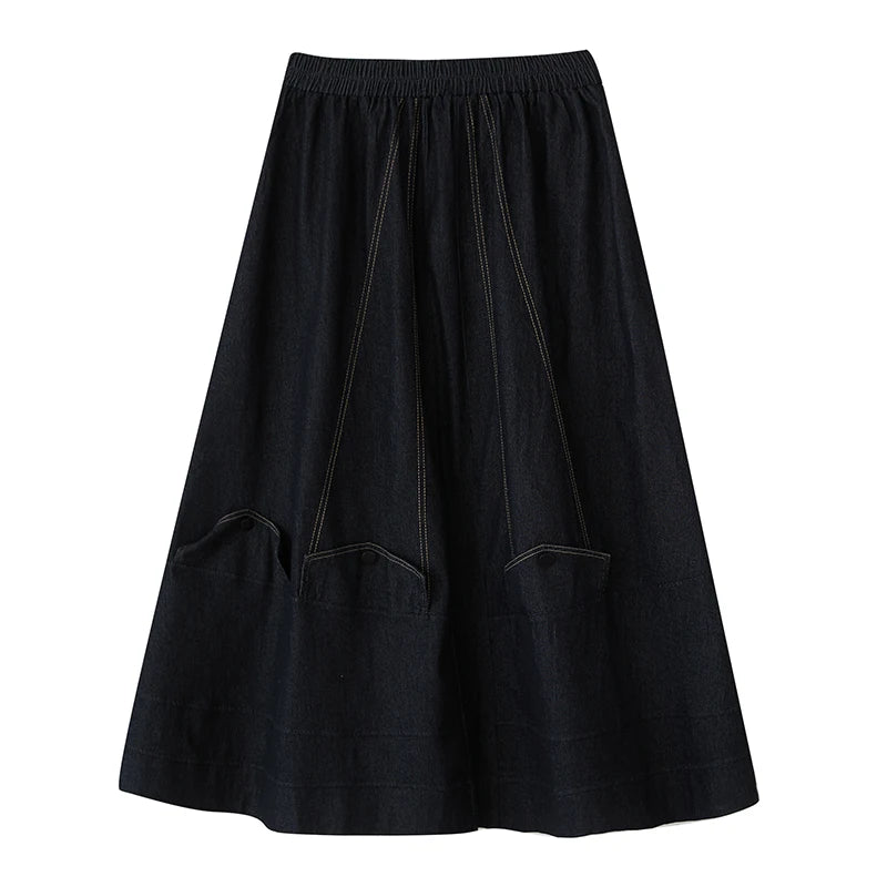 XITAO Pocket Elastic Waist Casual Skirt Loose Fitting Vintage Fashion A-line High Waist New Simple Spring Women Skirt GYX1512