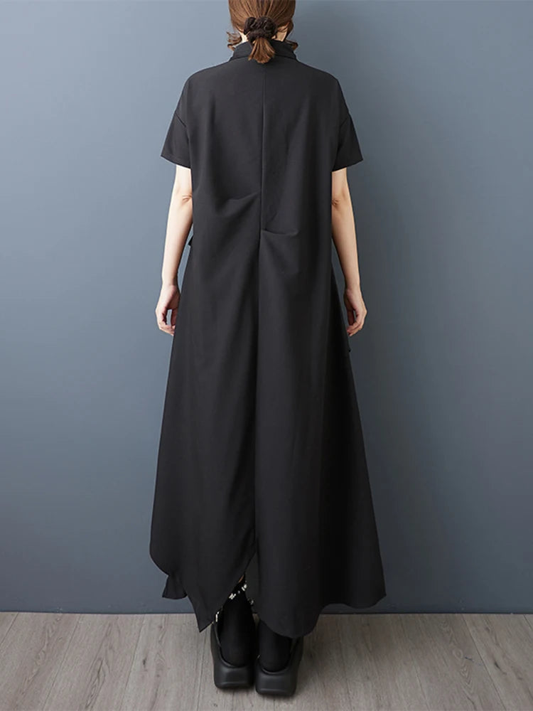 XITAO Irregular Solid Color Pleated Dress Drawstring Turn-down Collar Short Sleeve Slimming All-match Temperament Dress ZY8943