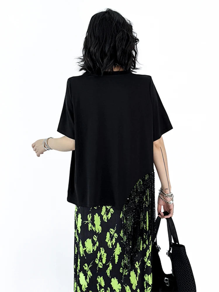 XITAO Tassel Patchwork Asymmetrical T-Shirts Solid Color O-neck Short Sleeve Pullover Fashion All Match Temperament Top ZMY1177