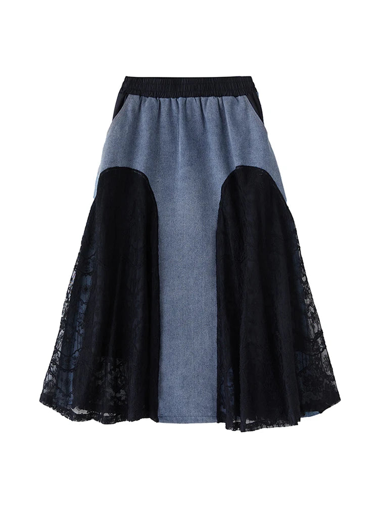 XITAO Lace Patchwork Contrast Color Skirt Pocket Elastic Waist Loose Casual Ankle-Length All Temperament Slimming Skirt HQQ2466