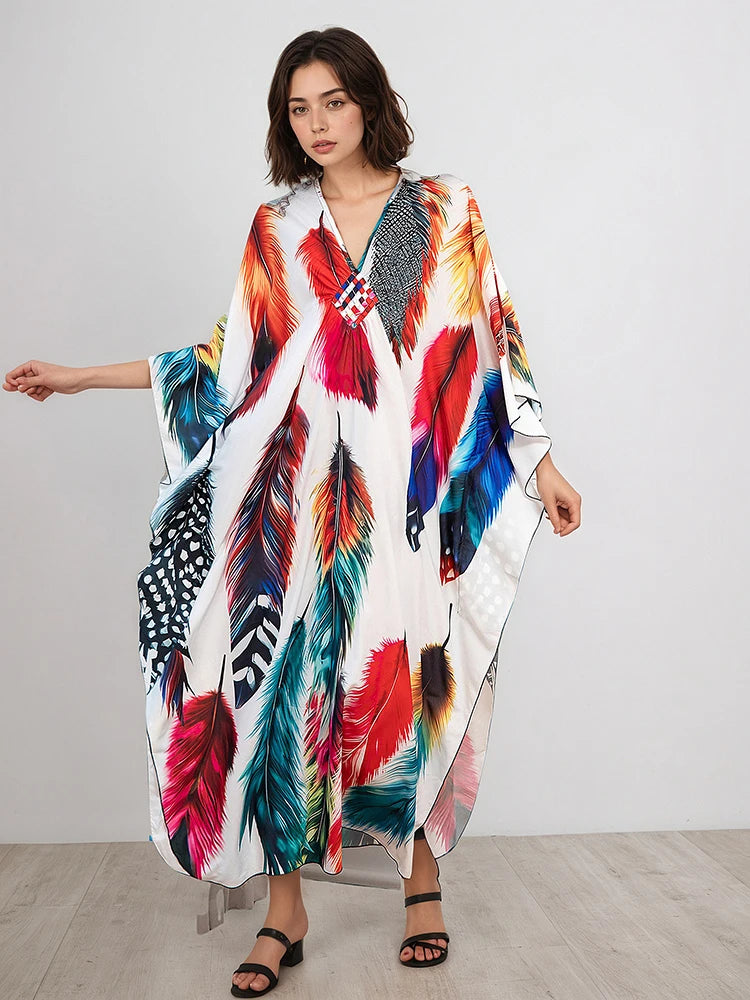 XITAO Contrast Color Printing Cartoon Women Dress Beach Thin Comfortable Bat Sleeve V-neck Pullover Fashion Casual Dress GJ1207