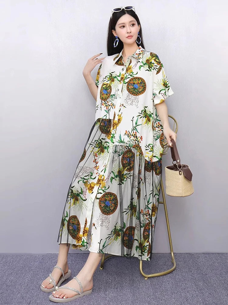 XITAO Gauze Patchwork Print Contrast Color Dress Turn-down Collar Single Breasted Short Sleeve Loose Casual Match Dress ZMY1334