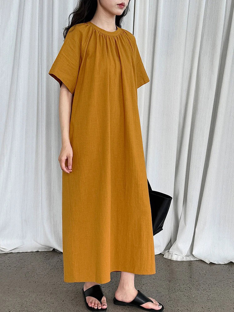 XITAO Back Hollow Out Loose Dress Solid Color Casual O-neck Temperament Short Sleeve Simple Slimming Summer Woman Dress ZMY1290