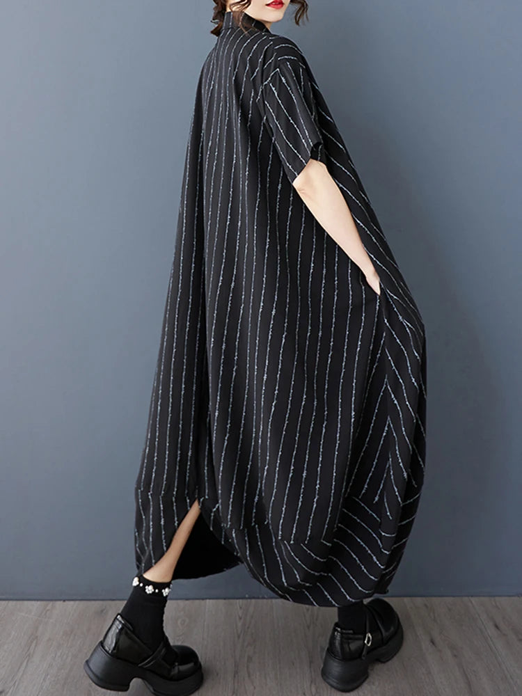 XITAO Loose Irregular Striped Dress Casual Short Sleeve Single Breasted Women Summer Turn-down Collar Shirt Dress ZMY1171