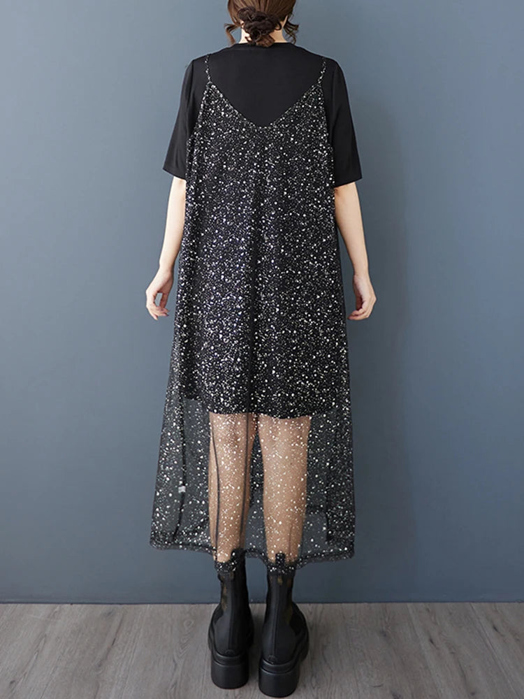 XITAO Mesh Sequin Short Sleeve Dress Casual Loose Fitting Two-piece New Arrival Solid Color A-line Summer Women Dress ZMY1194