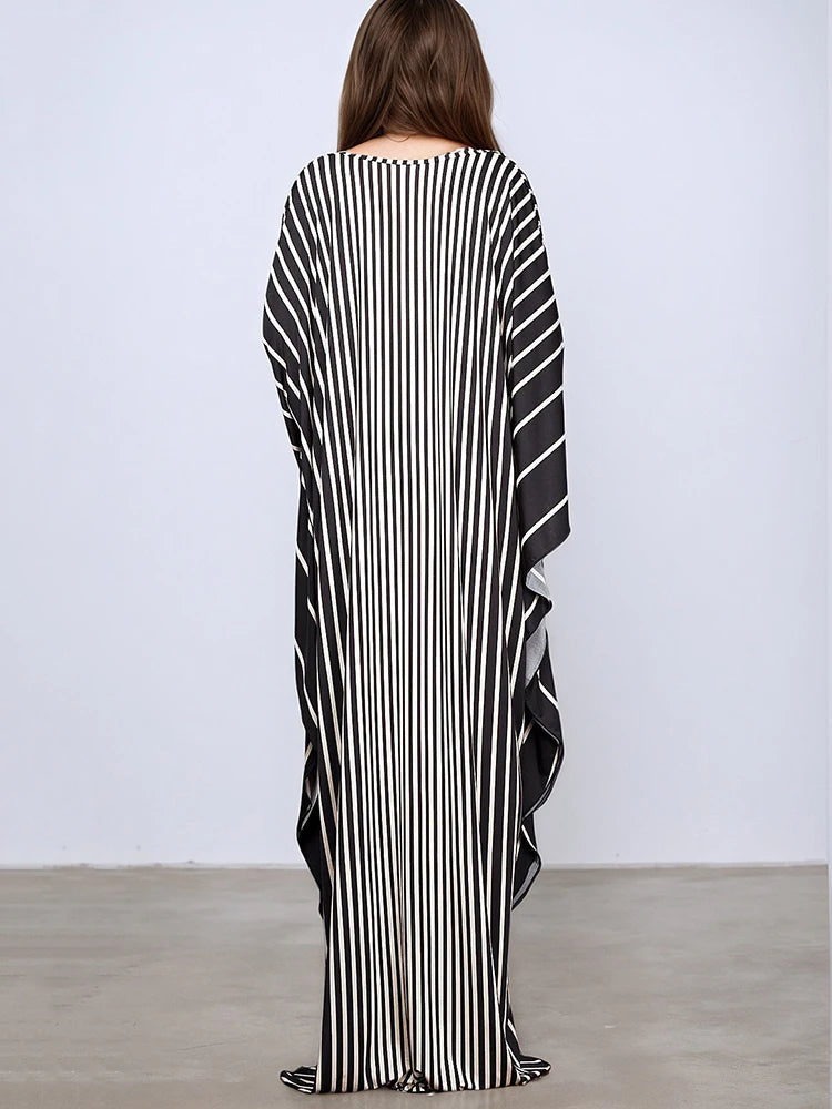 XITAO Stripe Print V-neck Dress Batwing Sleeve A-line Full Sleeve Personality Pullover Fashion Goddess Summer Women Dress GJ1151