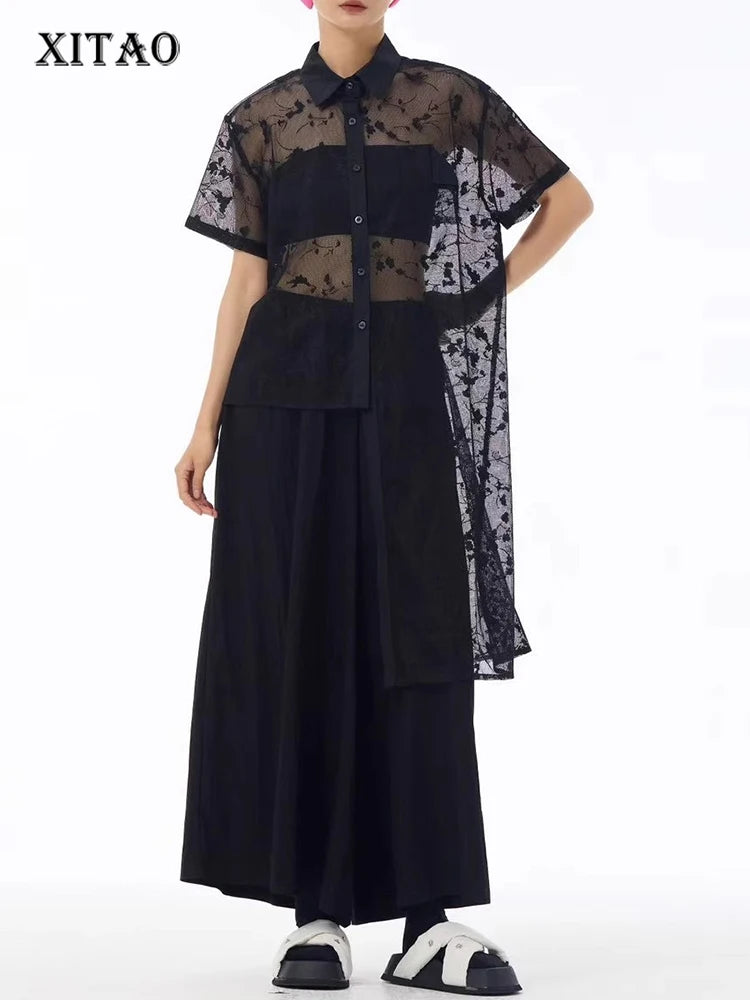 XITAO Asymmetrical Perspective Dress Single Breasted Turn-down Collar Solid Color Short Sleeve Casual Match Shirt Dress ZMY1374
