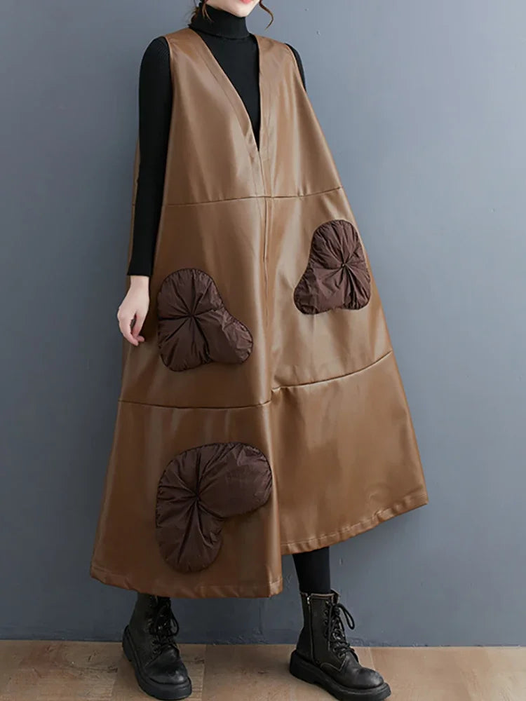XITAO Three-dimensional Decoration V-neck Dress Solid Color Patchwork Pullover Sleeveless Loose 2024 Spring New Casual Dmj2310