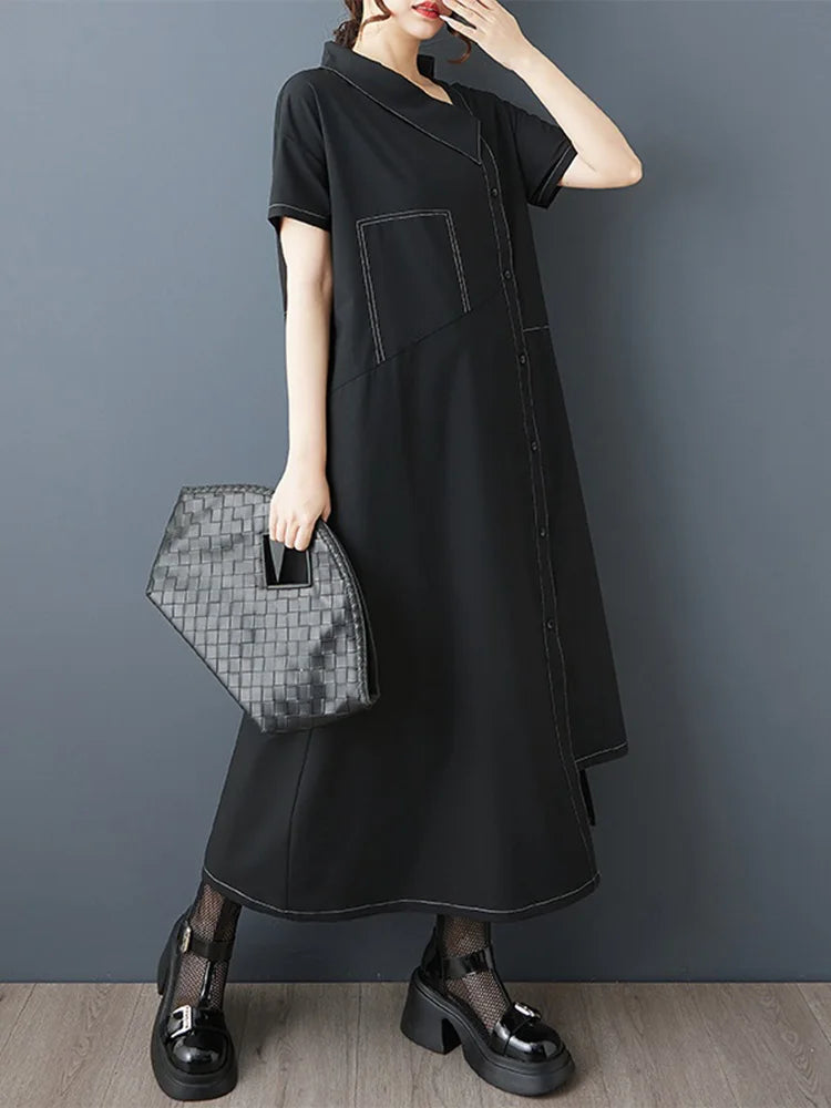 XITAO Solid Color Asymmetrical Vintage Dress Short Sleeve Single Breasted Personality Loose Slimming Summer Woman Dress ZMY1316