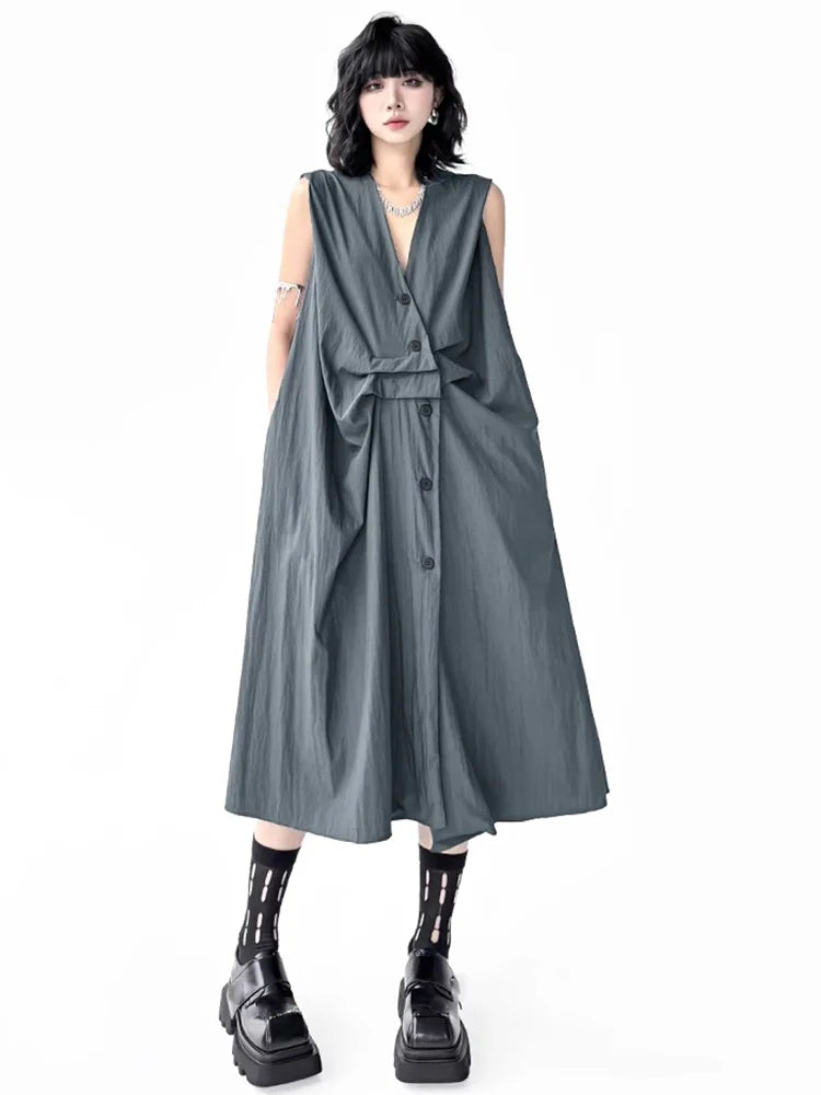 XITAO Women Sleeveless Vintage Dress V-neck Loose Casual Single Breasted Solid Color Slimming Summer Female Dress ZMY1393