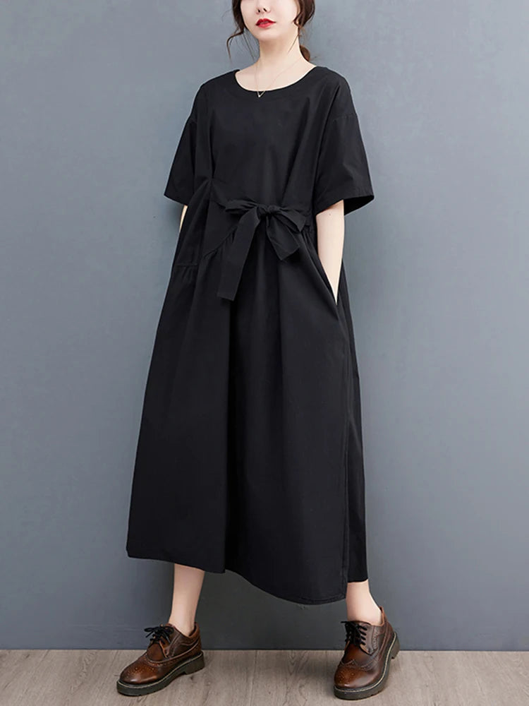 XITAO Folds Patchwork O-neck Dress Simple Solid Color Casual Irregular Short Sleeve Women Temperament Slimming Dress ZMY1062