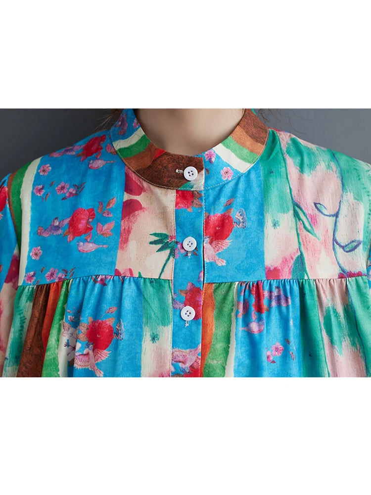 XITAO Print Patchwork A-line Dress Stand Collar Long Sleeve Small Fresh Pullover Casual Fashion Women New Dress DMJ3697