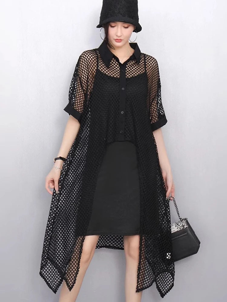 XITAO Asymmetrical Single Breasted Dress Casual A-line Loose Fitting Slimming Hollow Out Half Sleeve Summer Female Dress GYX1662