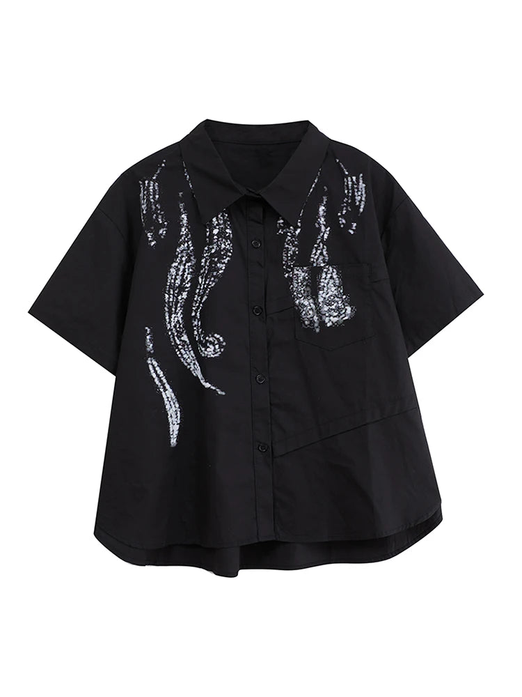 XITAO Contrast Color Print Patchwork Women Shirt Turn-down Collar Short Sleeve Vintage Loose All Match Casual Top HQQ2452