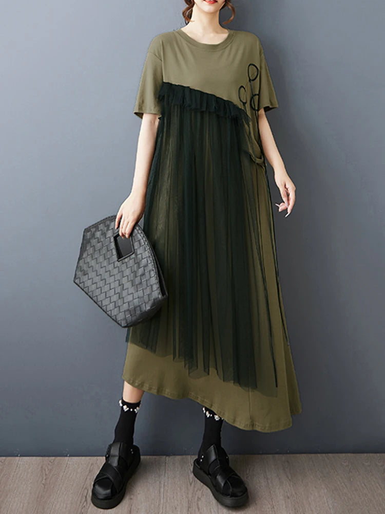 XITAO Gauze Patchwork Loose Female Dress Short Sleeve Pullover Irregular Casual Temperament Slimming Summer Woman Dress ZMY1359