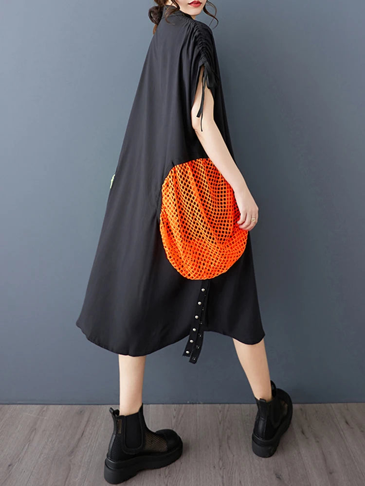 XITAO Irregular Hollow Out Female Shirt Dress Personality Contrast Color Patchwork Women Loose Vintage Slimming Dress ZMY1057