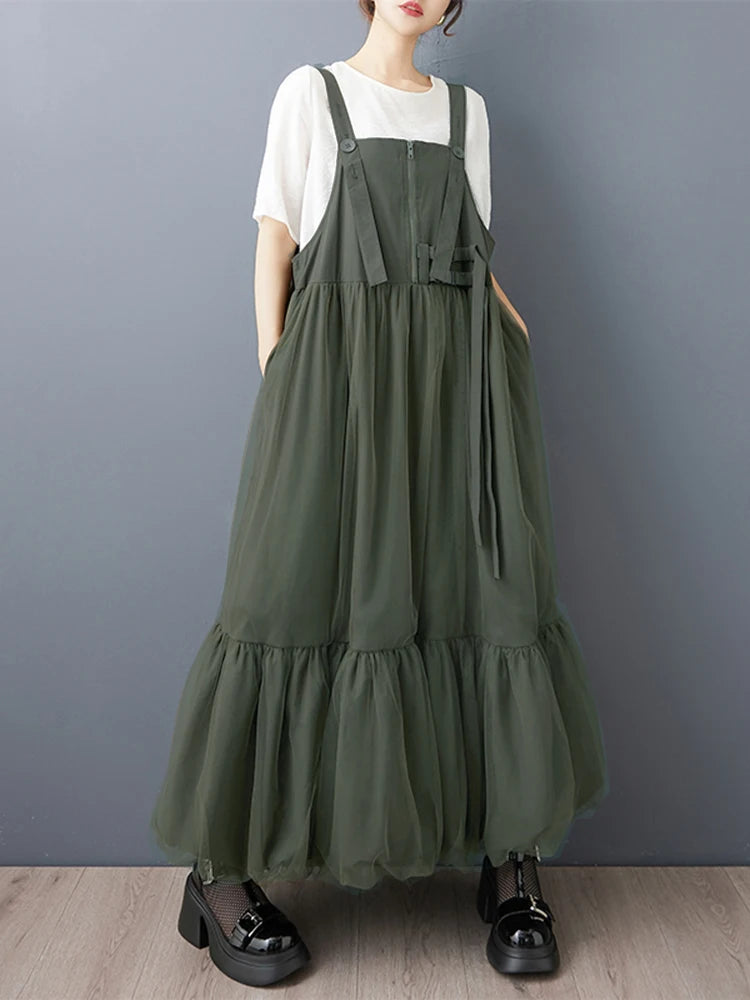 XITAO Patchwork Gauze Pleated Dress Solid Color Casual Sleeveless Loose Zipper Summer Woman Shoulder Strap Dress GYX1652