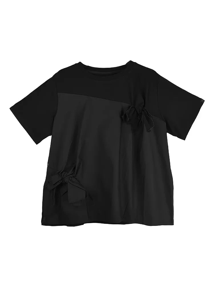 XITAO Patchwork O-neck Flower T-shirt Casual Short Sleeve Loose Fitting Bow Simple New Asymmetric Summer Women T-shirt GYX1610