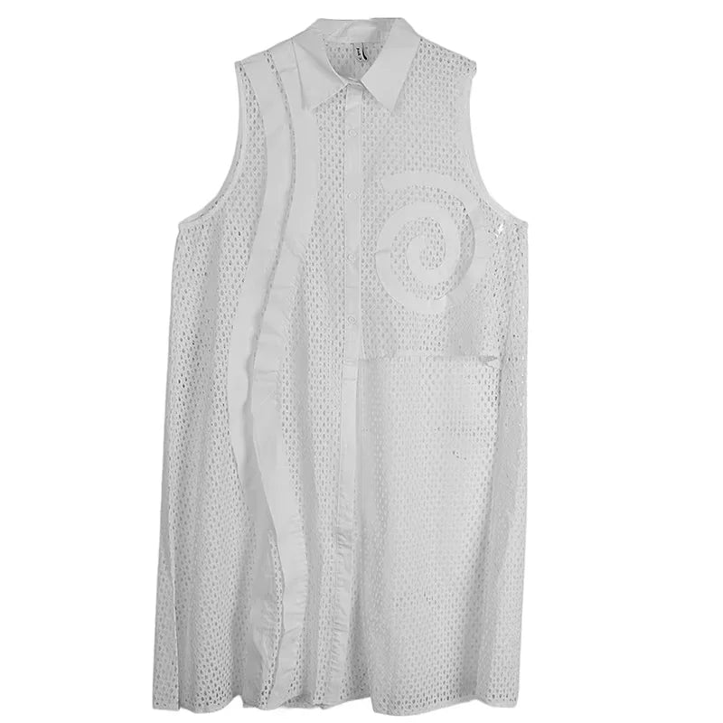 XITAO Mesh Patchwork Asymmetrical Perspective Dress Solid Color Turn-down Collar Single Breasted Sleeveless Casual Dress GYX1561