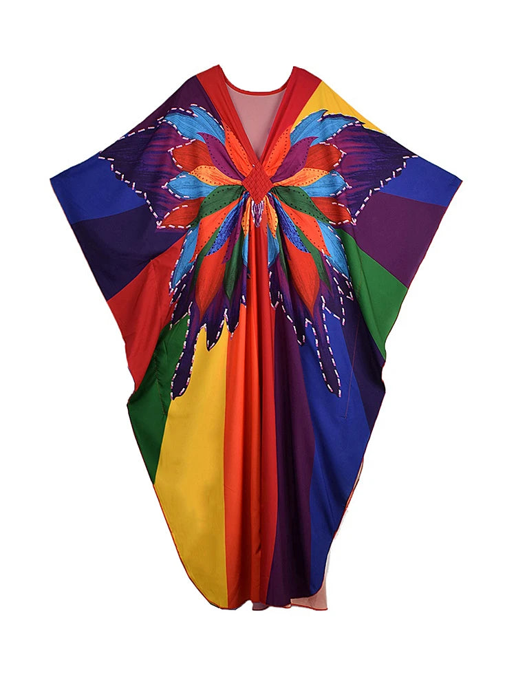 XITAO Batwing Sleeve Pullover Loose Dress Print V-neck Contrast Color Vintage Temperament Summer Woman Ankle-length Dress GJ1198