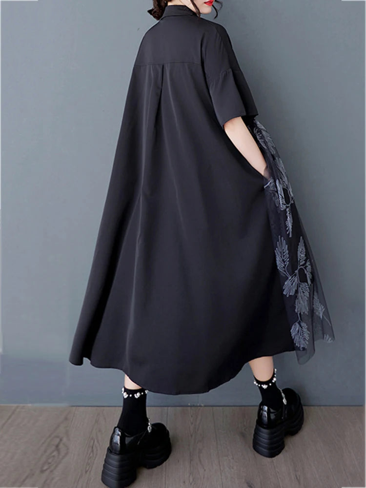 XITAO Patchwork Mesh Single Breasted Dress Casual Loose Fitting Short Sleeve Turn-down Collar New Arrival Female Dress GYX1630
