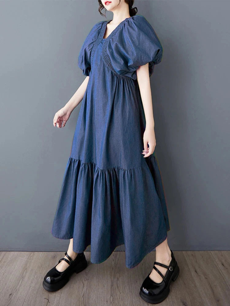 XITAO Puff Sleeve Solid Color Pleated Female Dress V-neck Patchwork Personality Temperament Elegant Summer Woman Dress ZMY1255