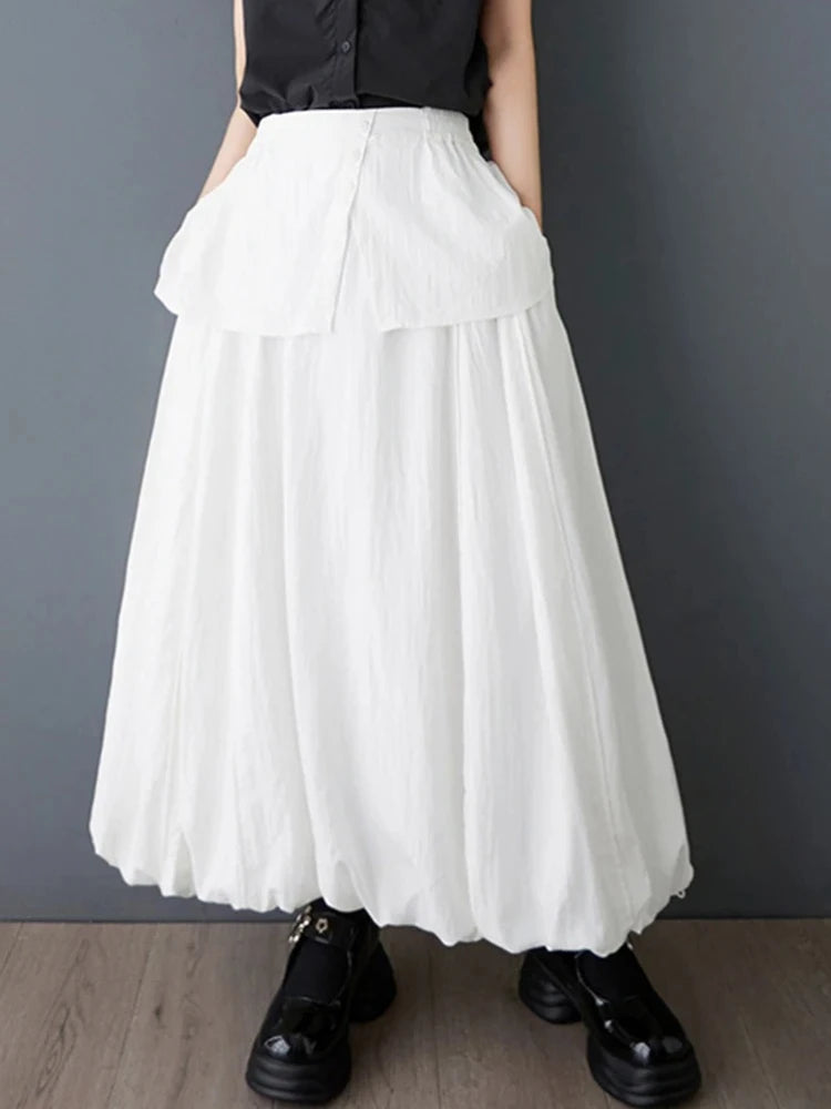 XITAO Bud Button False Two Pieces Skirt Casual Solid Color Elastic Waist Loose Fitting A-line New Summer Women Skirt ZMY1192
