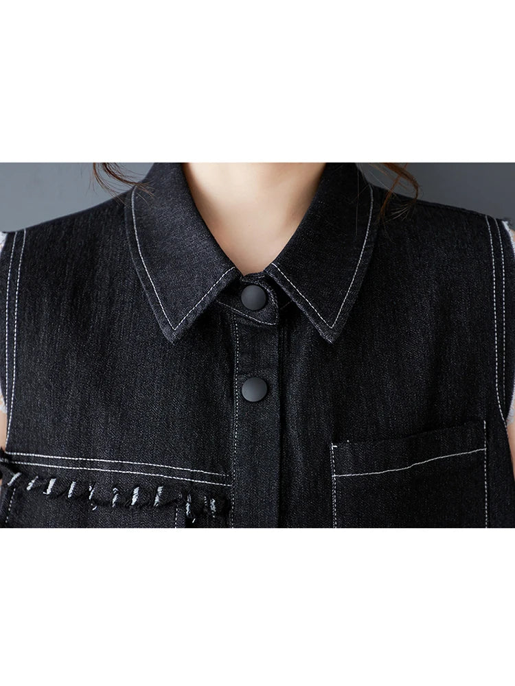XITAO Contrast Color Sleeveless Pocket Patchwork Dress Single Breasted Turn-down Collar Loose A-line Vintage Slim Dress ZMY1050