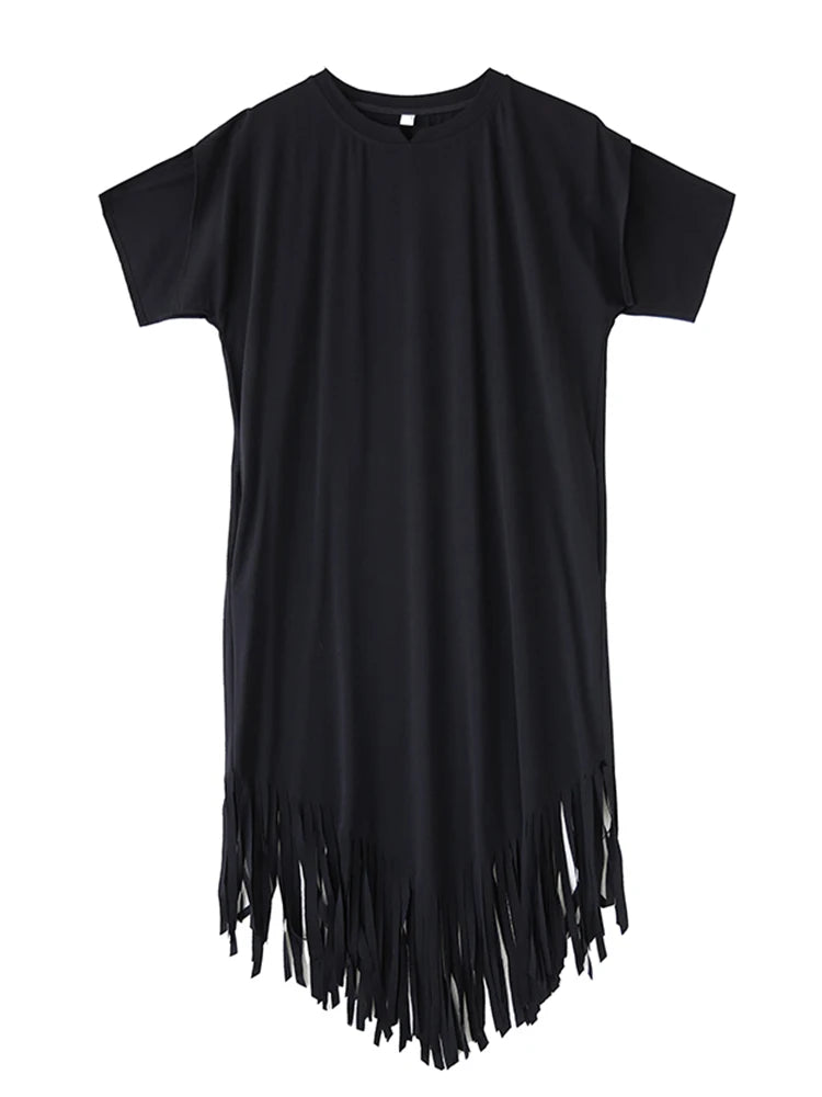 XITAO Asymmetrical Tassel Patchwork Women Dress Solid Color O-neck Pullover Short Sleeve Loose Mid-calf Casual Dress ZMY1170