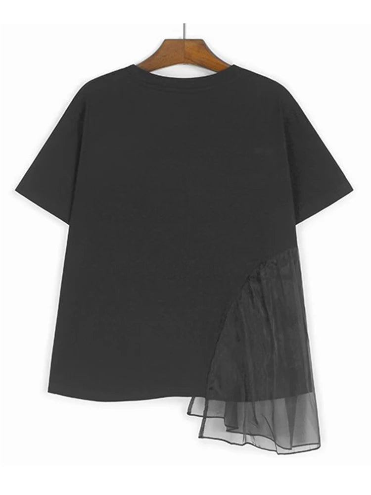 XITAO Irregular Patchwork Mesh Pocket T-shirt Casual O-neck Short Sleeve Personality Loose Fitting Summer Women T-shirt GYX1523